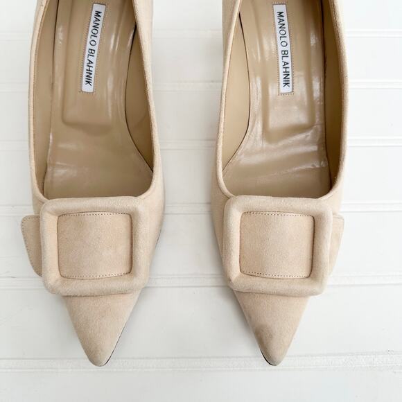 Manolo Blahnik Maysale Suede Tan Buckle Kitten Heel Pumps Nude Pointed Toe 40 - Picture 4 of 10